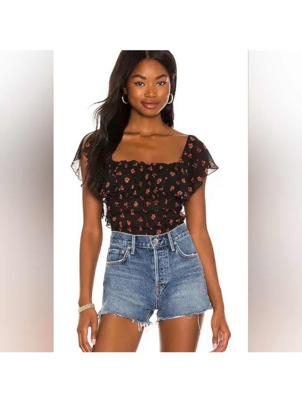 Free People Black Floral Square-Neck Smocked Women's bodysuit